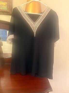 Black V-Neck Lace Trim Blouse - Women Tops